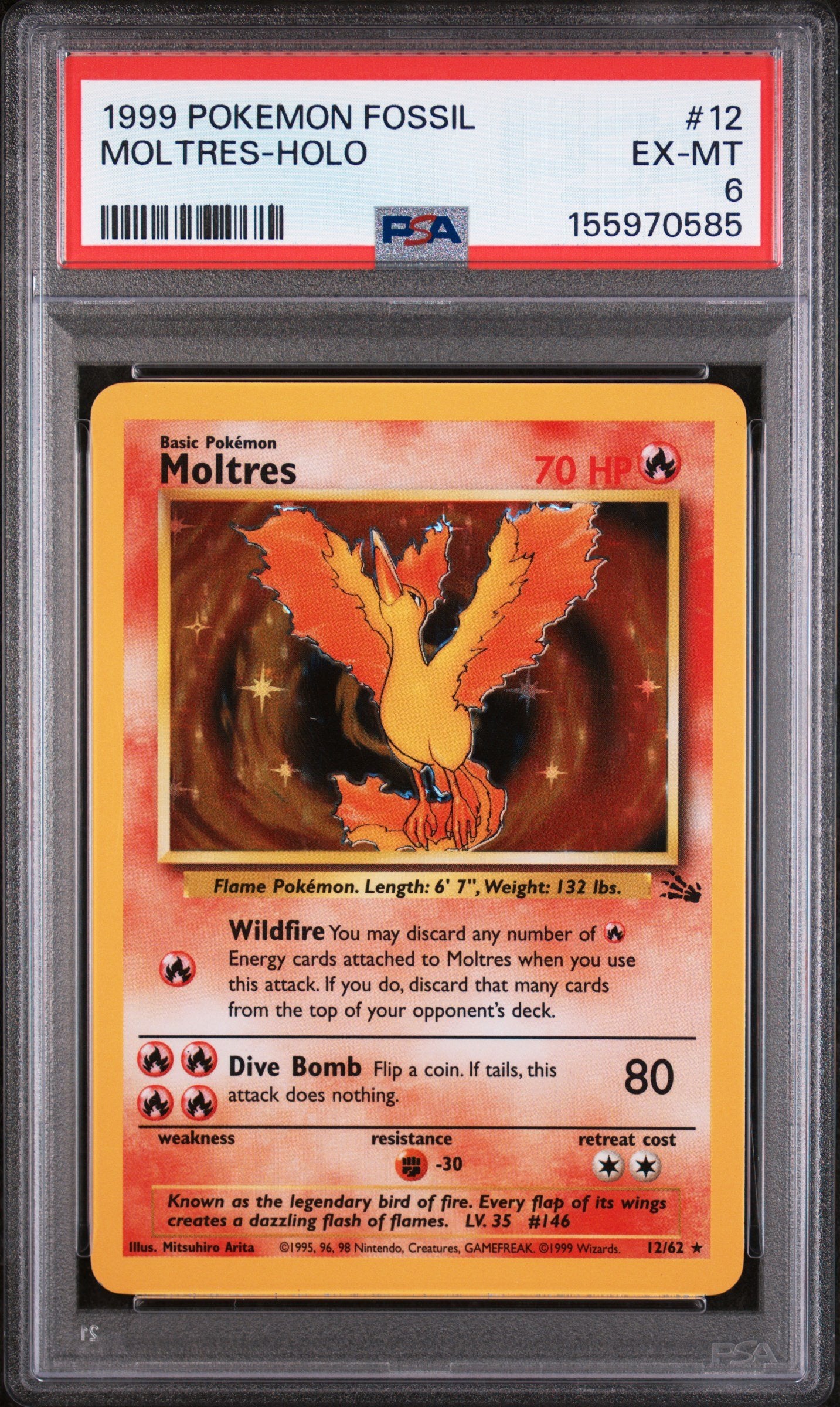 Graded 1999 Pokemon Fossil Moltres-Holo #12 Trading Card Game PSA 6 Excellent