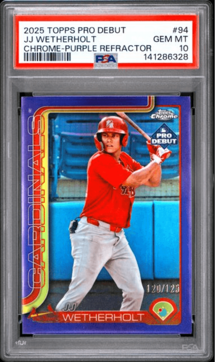 Graded 2025 Topps Pro Debut JJ Wetherholt #94 Chrome Purple Refractor /125 Rookie RC Baseball Card PSA 10 Gem Mint