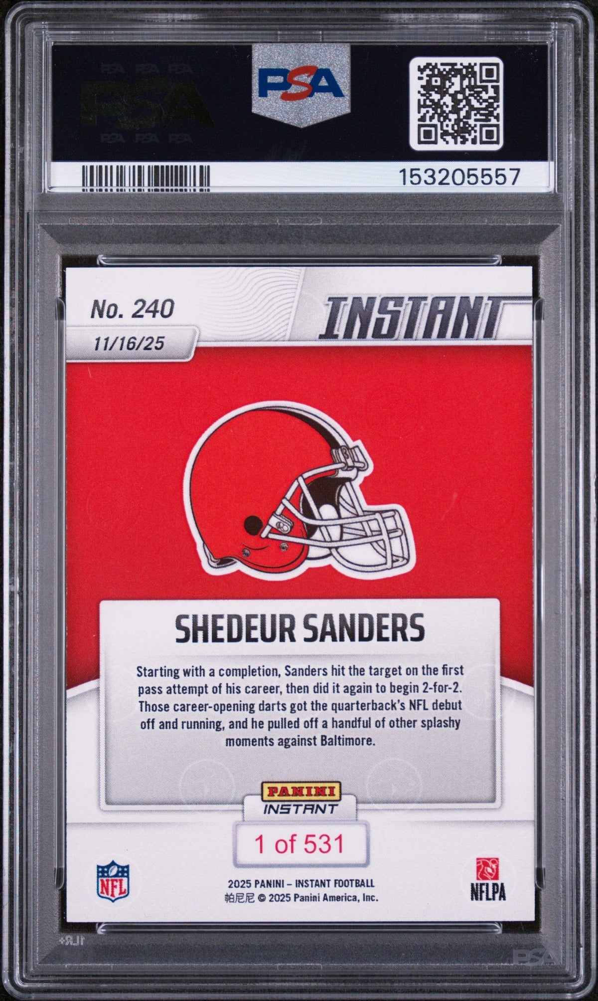 Graded 2025 Panini Instant Shedeur Sanders #240 Rookie RC Football Card PSA 9 Mint