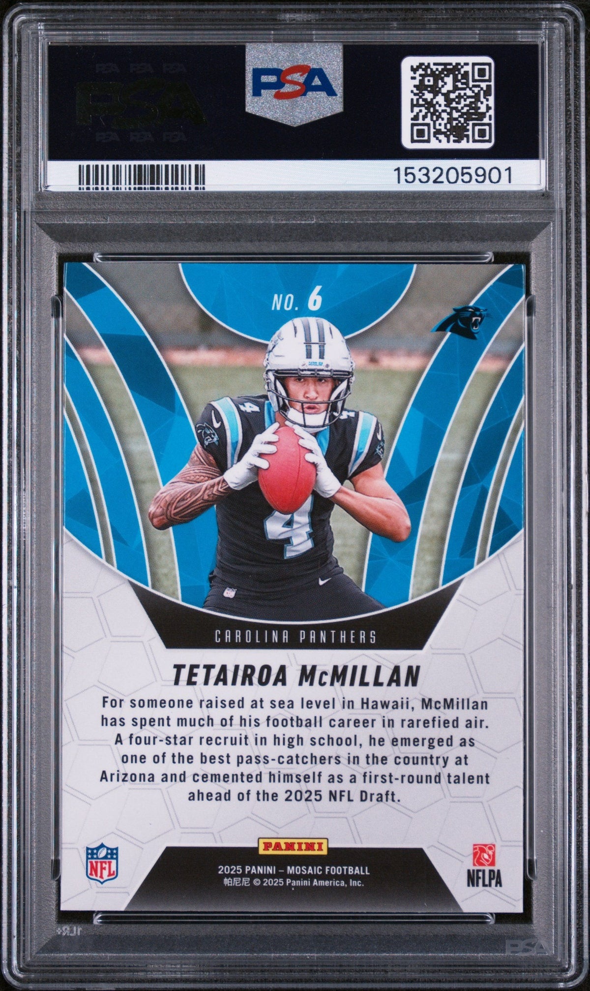 Graded 2025 Panini Mosaic Tetairoa McMillan #6 Elevate Rookie RC Football Card PSA 10 Gem Mint