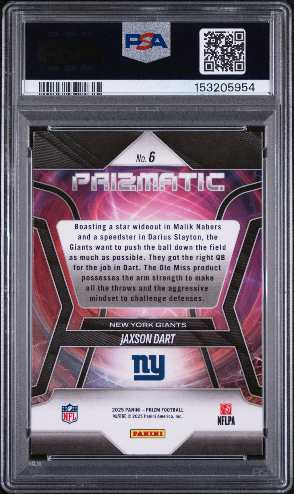 Graded 2025 Panini Prizm Jaxson Dart #6 Prizmatic Rookie RC Football Card PSA 10 Gem Mint