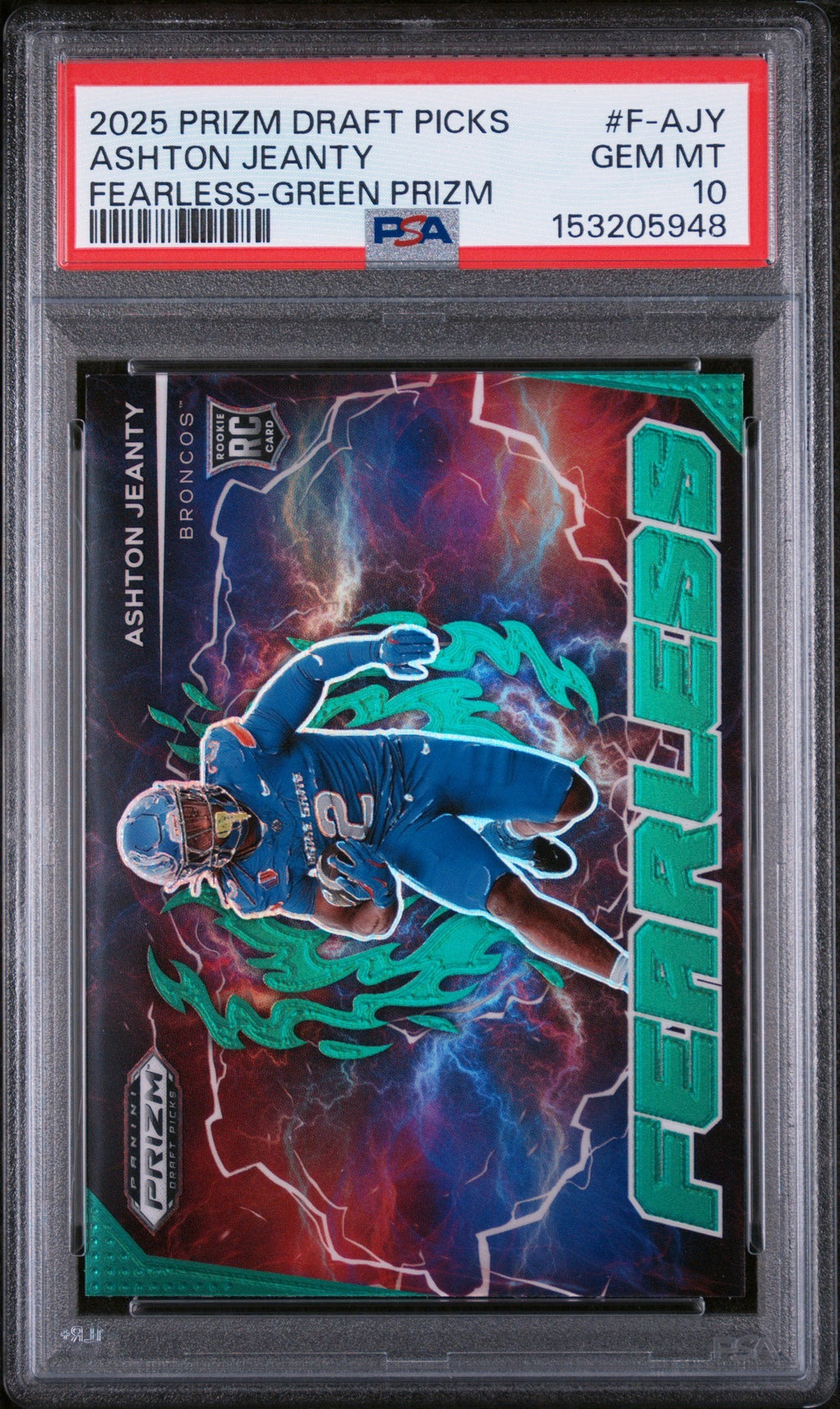 Graded 2025 Panini Prizm Draft Picks Ashton Jeanty #F-AJY Fearless Green Rookie RC Football Card PSA 10 Gem Mint
