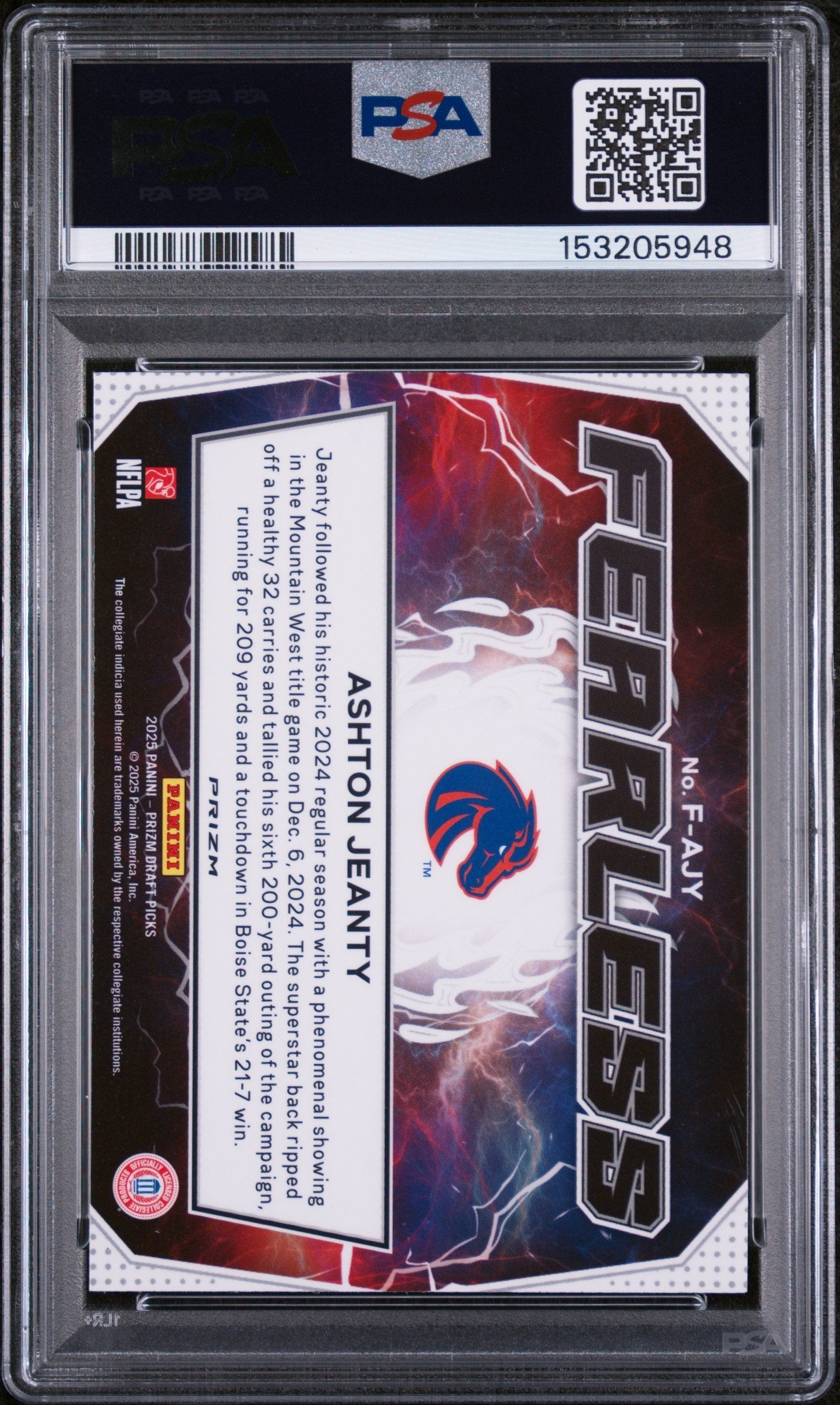 Graded 2025 Panini Prizm Draft Picks Ashton Jeanty #F-AJY Fearless Green Rookie RC Football Card PSA 10 Gem Mint