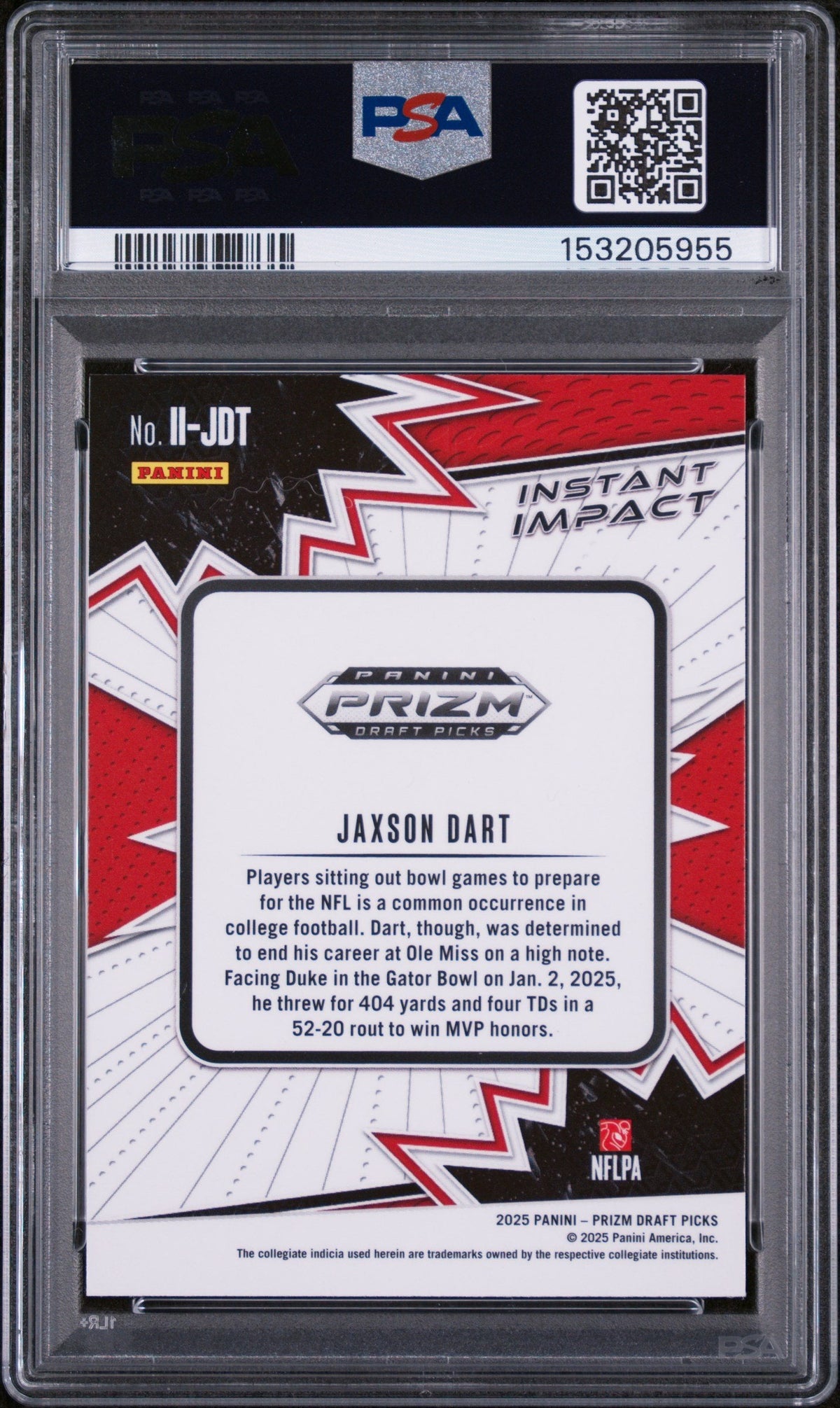 Graded 2025 Panini Prizm Draft Picks Jaxson Dart #II-JDT Instant Impact Rookie RC Football Card PSA 10 Gem Mint