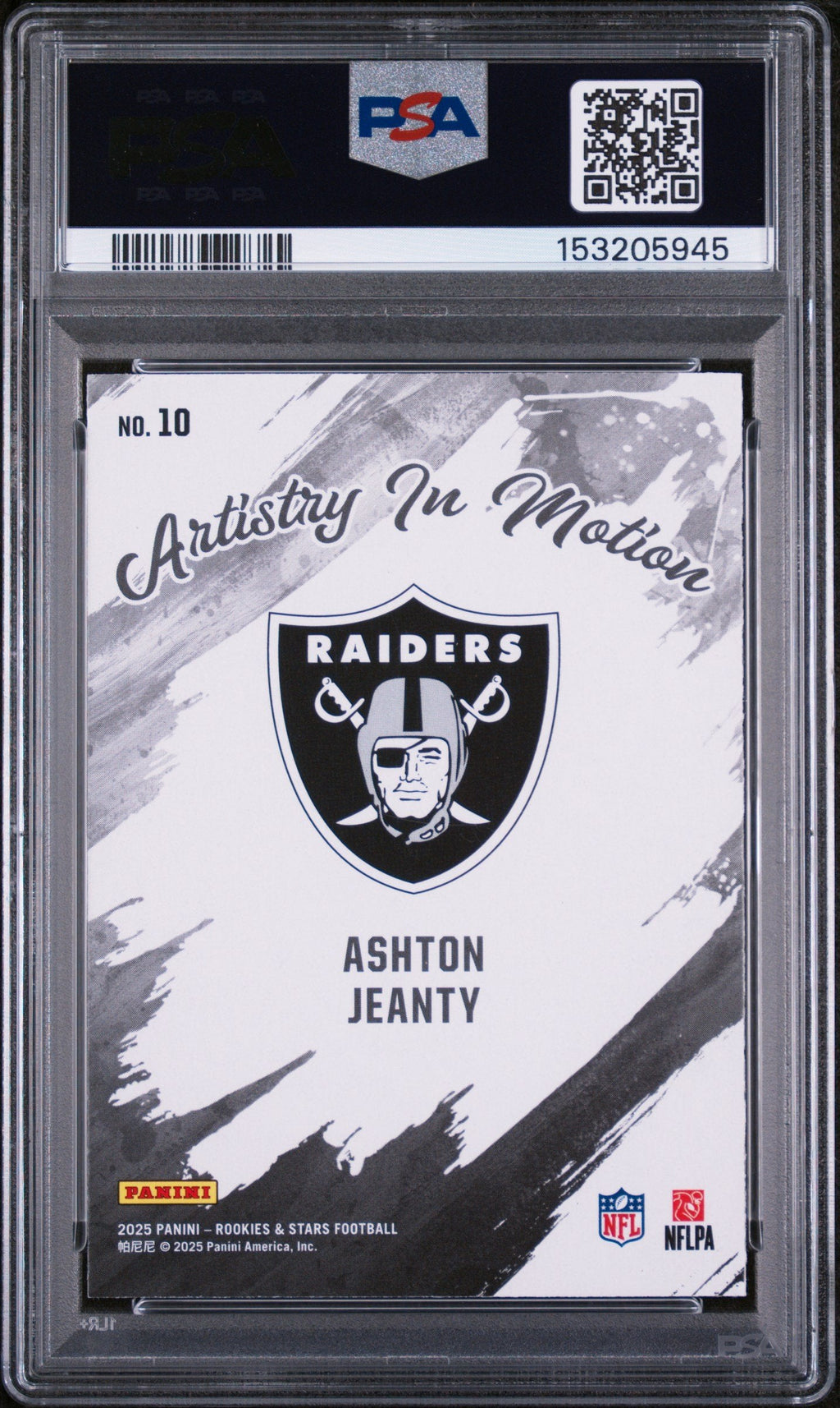 Graded 2025 Panini Rookies & Stars Ashton Jeanty #10 Artistry in Motion Rookie RC Football Card PSA 9 Mint