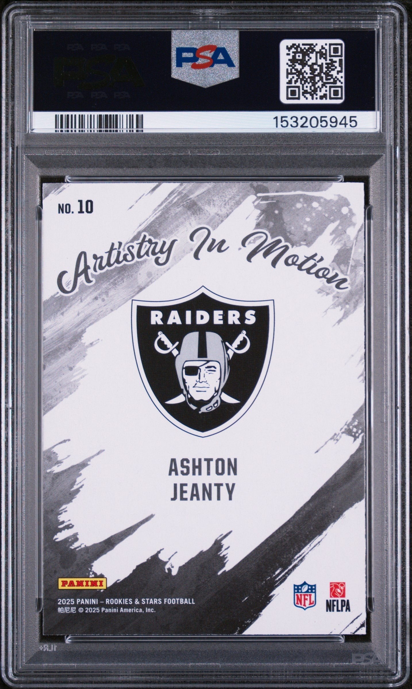 Graded 2025 Panini Rookies & Stars Ashton Jeanty #10 Artistry in Motion Rookie RC Football Card PSA 9 Mint