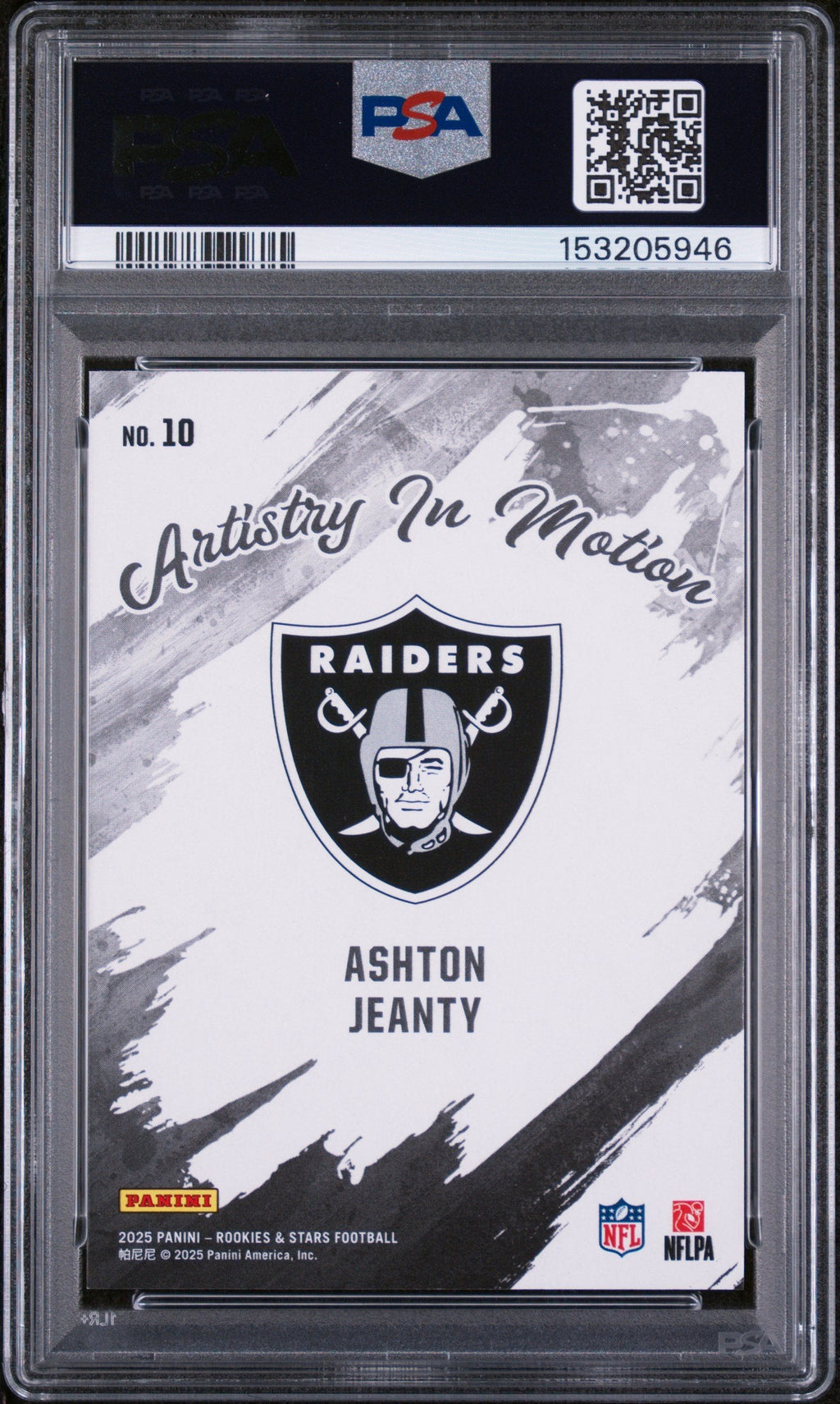 Graded 2025 Panini Rookies & Stars Ashton Jeanty #10 Artistry in Motion Rookie RC Football Card PSA 10 Gem Mint