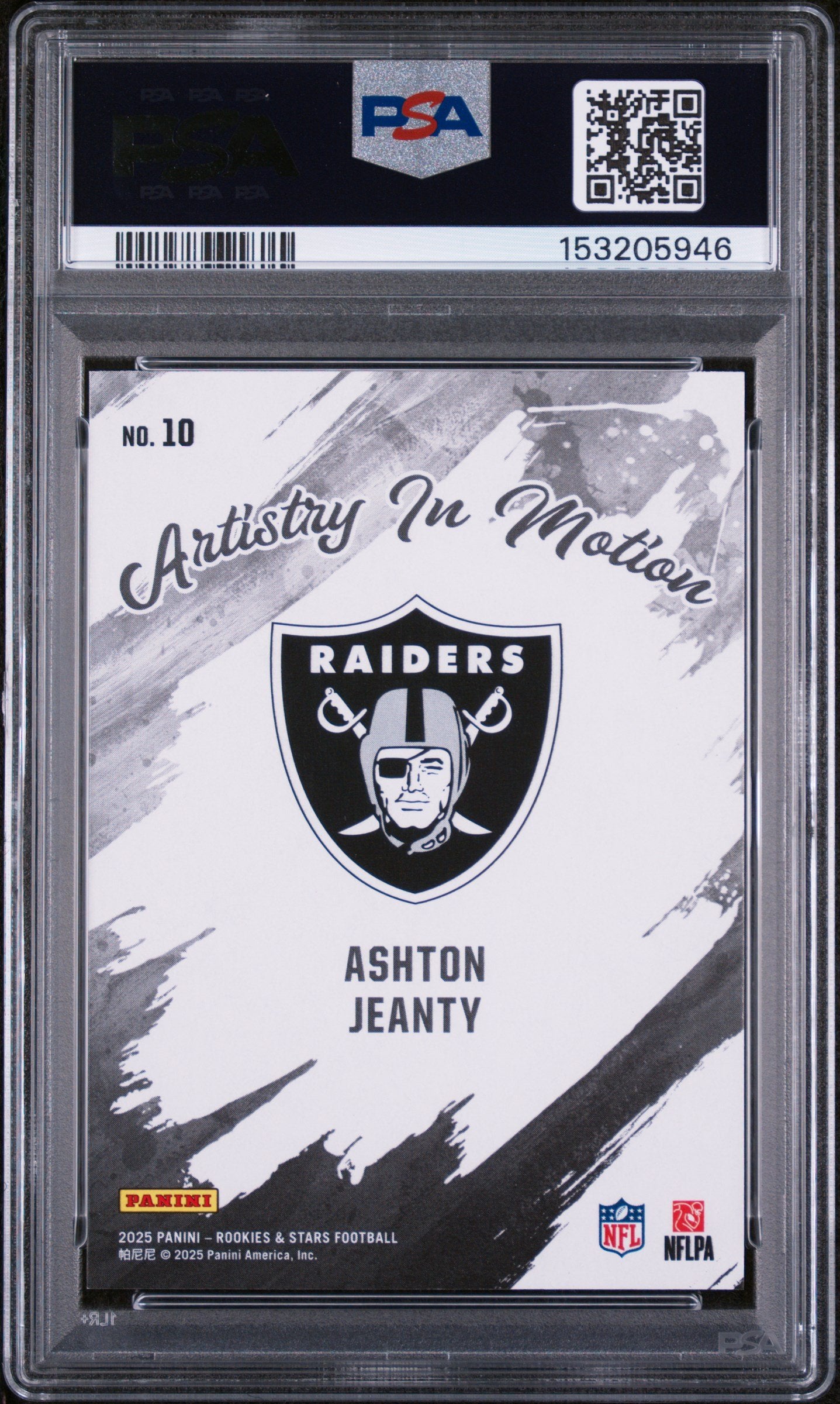 Graded 2025 Panini Rookies & Stars Ashton Jeanty #10 Artistry in Motion Rookie RC Football Card PSA 10 Gem Mint