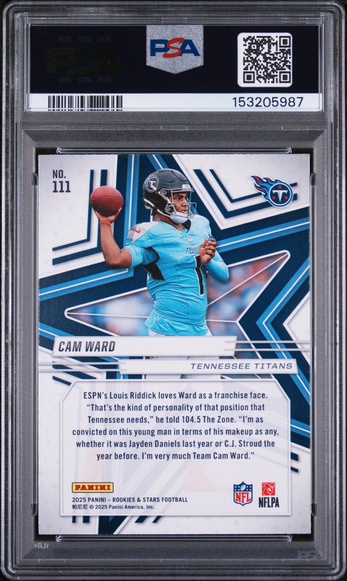 Graded 2025 Panini Rookies & Stars Cam Ward #111 Rookie RC Football Card PSA 9 Mint