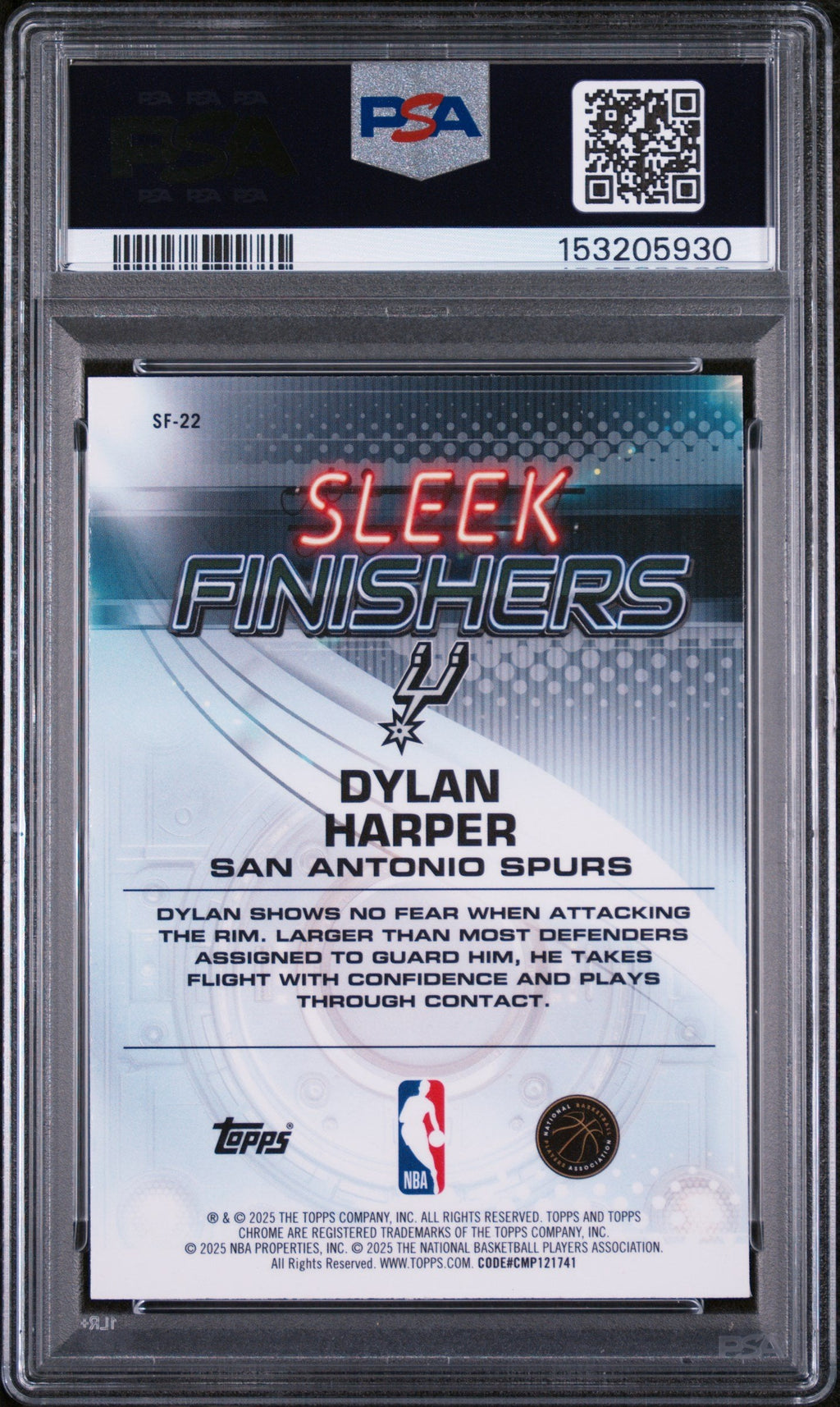 Graded 2025 Topps Chrome Dylan Harper #SF-22 Sleek Finishers Rookie RC Basketball Card PSA 10 Gem Mint