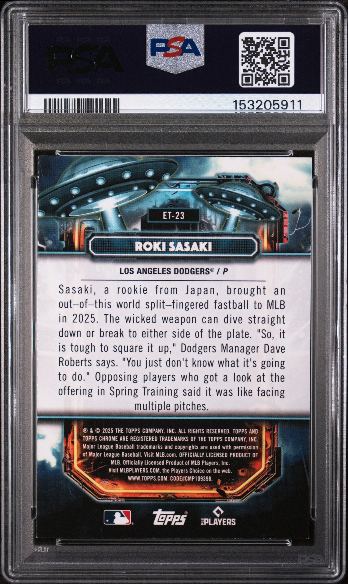 Graded 2025 Topps Chrome Cosmic Roki Sasaki #ET-23 Extraterrestrial Talent Rookie RC Baseball Card PSA 9 Mint