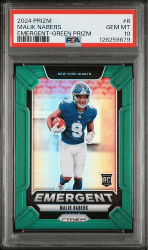 Graded 2024 Panini Prizm Malik Nabers #6 Emergent Green Prizm Rookie RC Football Card PSA 10 Gem Mint
