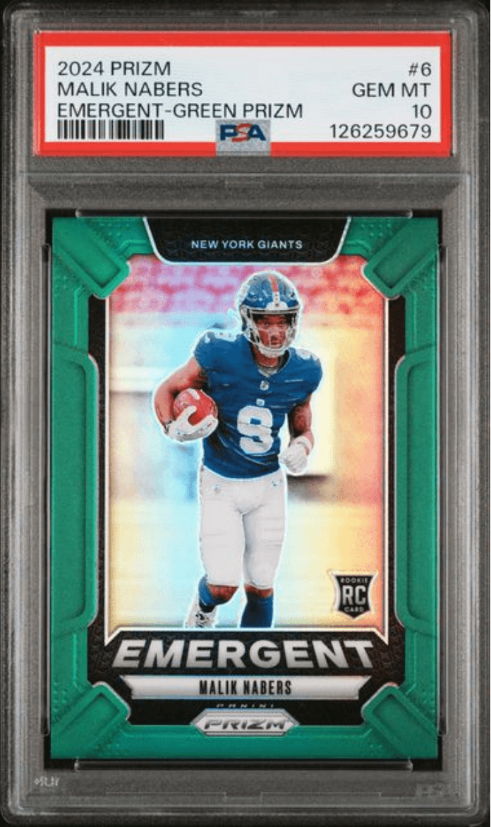 Graded 2024 Panini Prizm Malik Nabers #6 Emergent Green Prizm Rookie RC Football Card PSA 10 Gem Mint
