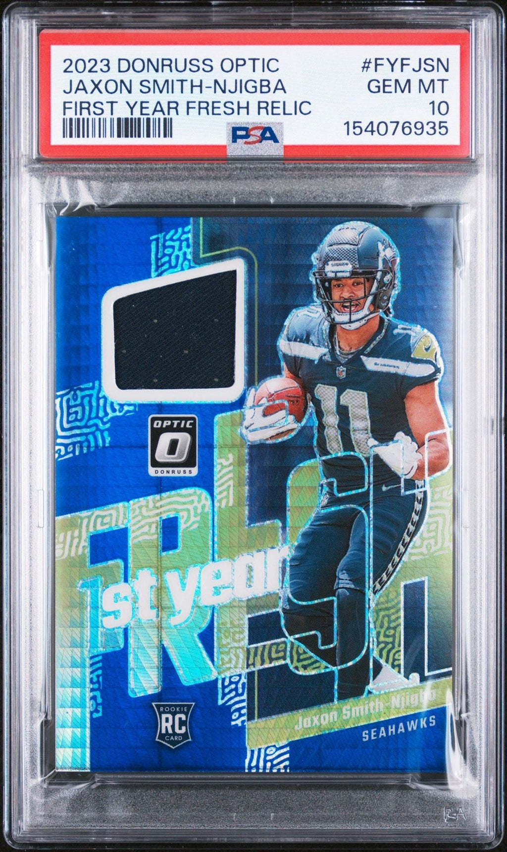 Graded 2023 Panini Donruss Optic Jaxon Smith Njigba JSN #FYFJSN First Year Fresh Relic Rookie RC Football Card PSA 10 Gem Mint