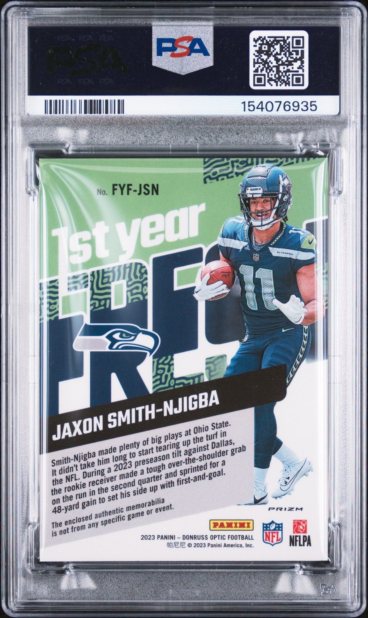 Graded 2023 Panini Donruss Optic Jaxon Smith Njigba JSN #FYFJSN First Year Fresh Relic Rookie RC Football Card PSA 10 Gem Mint