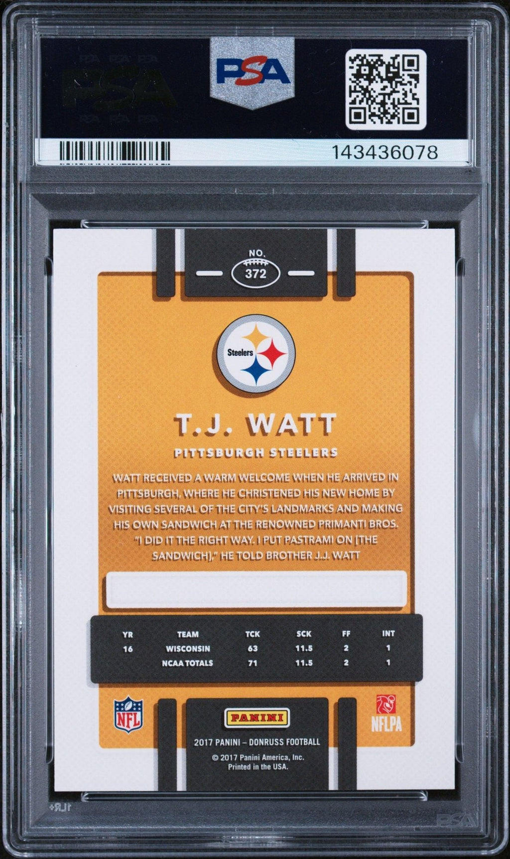 Graded 2017 Panini Donruss TJ Watt #372 Rookie RC Football Card PSA 10 Gem Mint