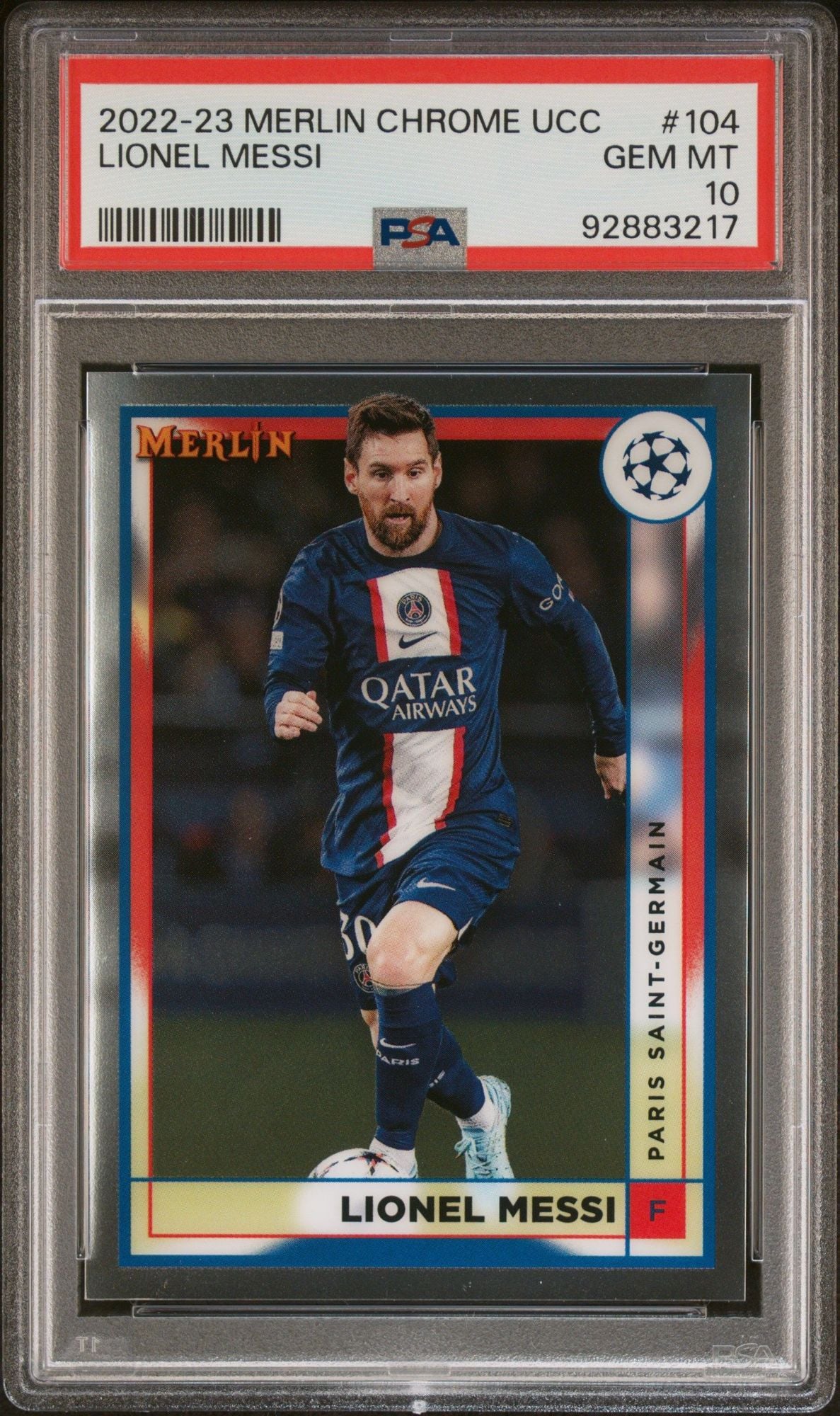 Graded 2022 Topps Merlin Chrome UCC Lionel Messi #104 UEFA Club Competitions Soccer Card PSA 10 Gem Mint