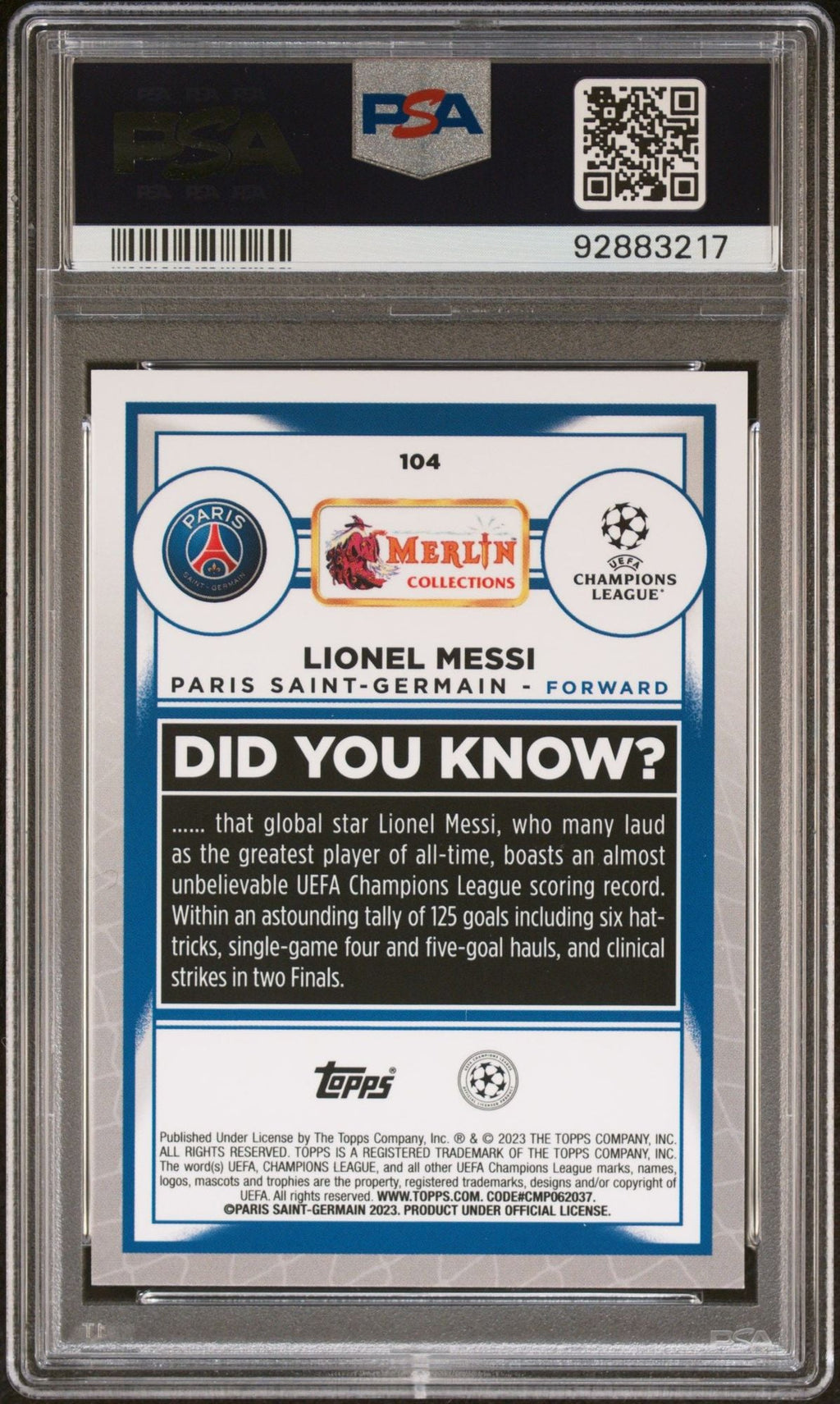 Graded 2022 Topps Merlin Chrome UCC Lionel Messi #104 UEFA Club Competitions Soccer Card PSA 10 Gem Mint