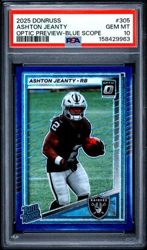 Graded 2025 Donruss Ashton Jeanty #305 Optic Preview Blue Scope Rookie RC Football Card PSA 10 Gem Mint