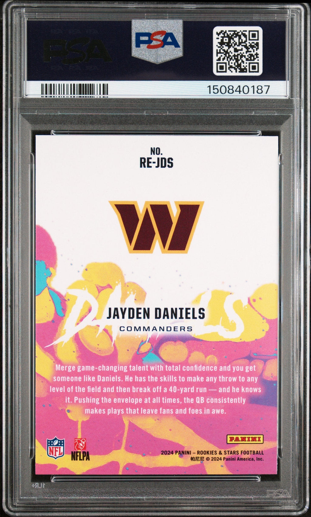 Graded 2024 Panini Rookies & Stars Jayden Daniels #RE-JDS Rookie Exclusive Rookie RC Football Card PSA 8 Near Mint