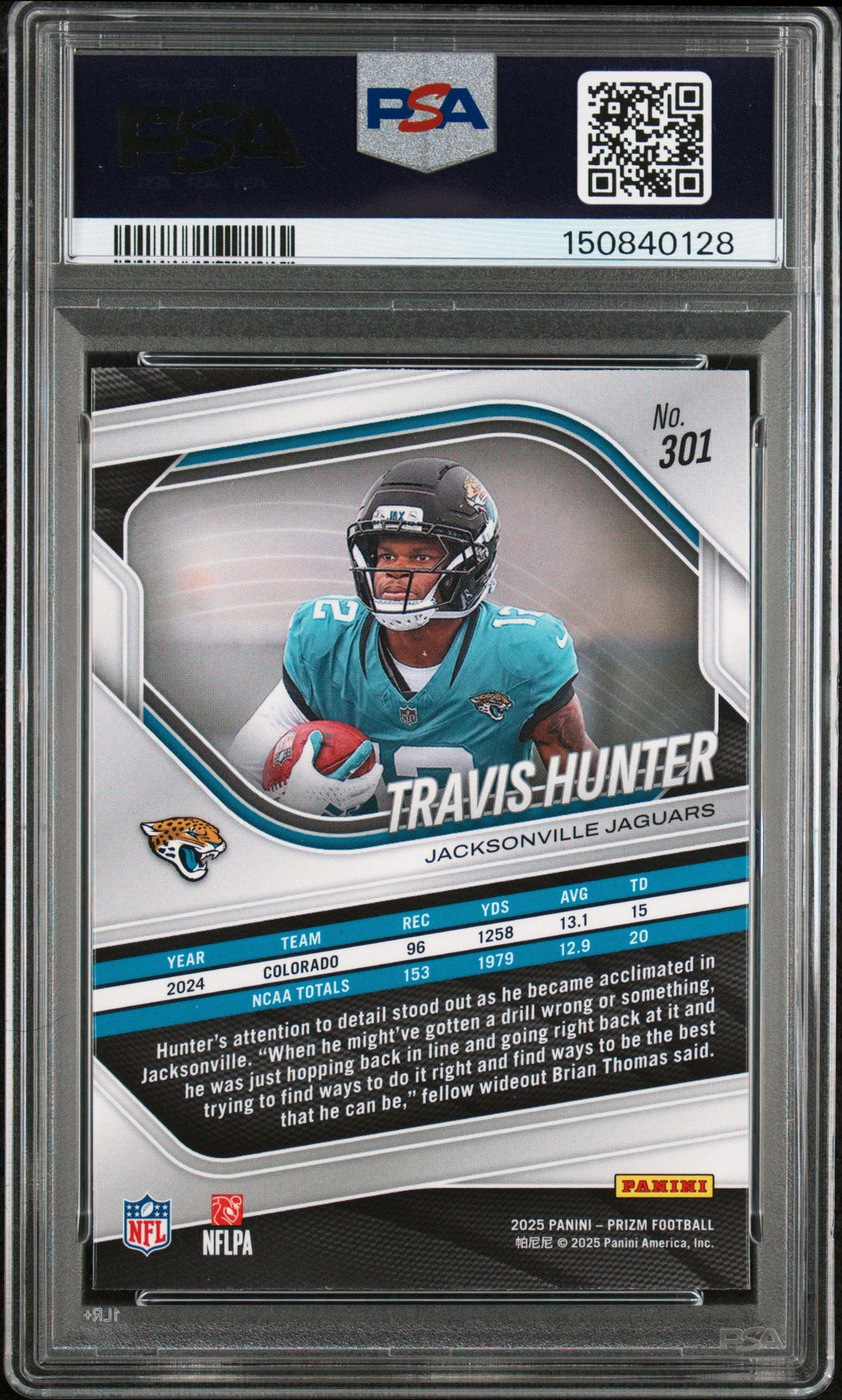 Graded 2025 Panini Prizm Travis Hunter #301 Rookie RC Football Card PSA 10 Gem Mint
