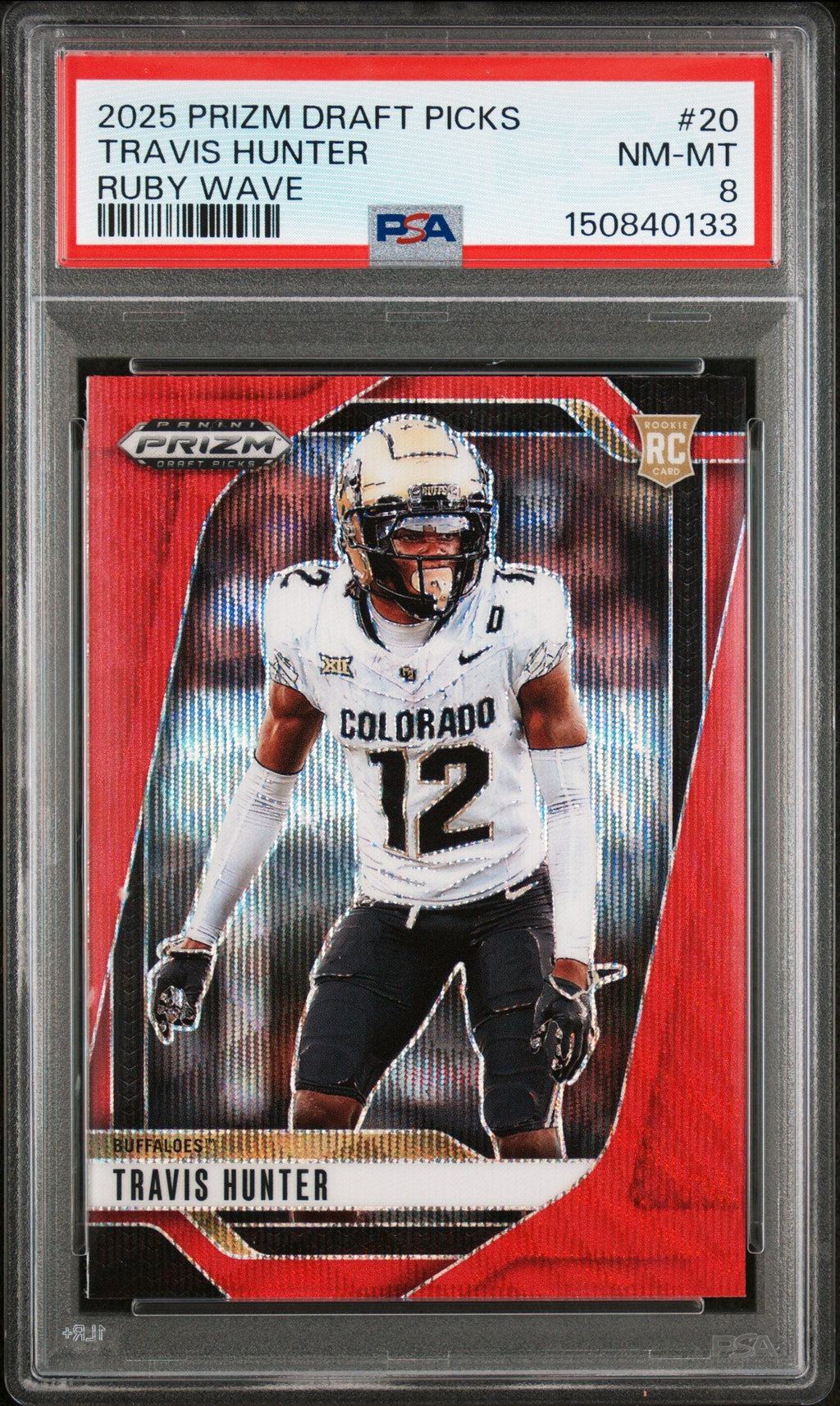 Graded 2025 Panini Prizm Draft Picks Travis Hunter #20 Ruby Wave Rookie RC Football Card PSA 8 Near Mint