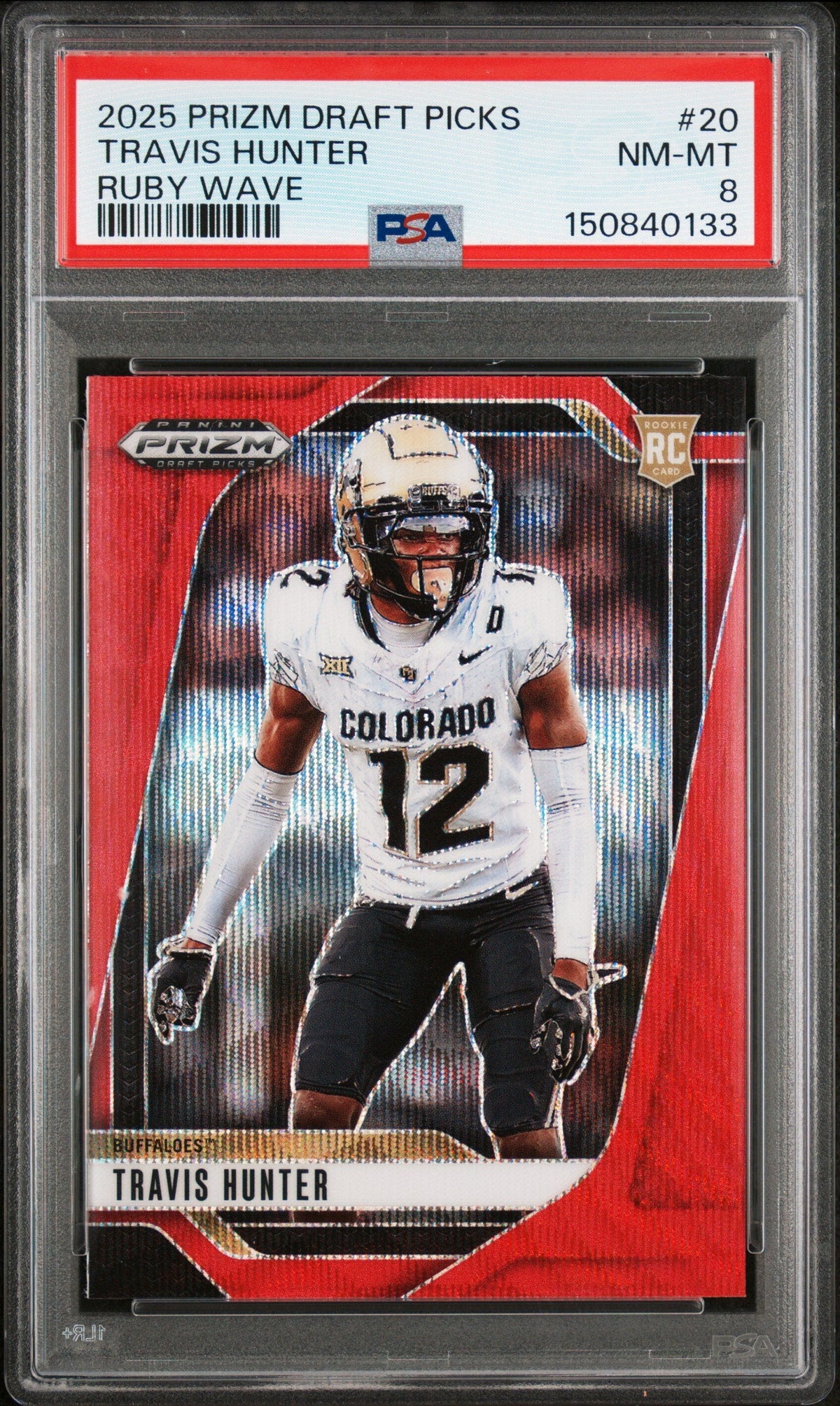 Graded 2025 Panini Prizm Draft Picks Travis Hunter #20 Ruby Wave Rookie RC Football Card PSA 8 Near Mint