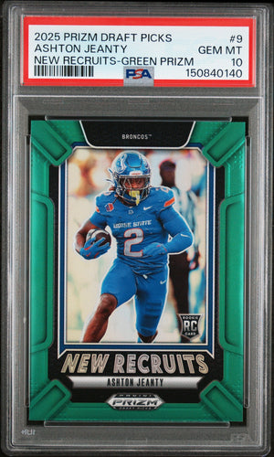 Graded 2025 Panini Prizm Draft Picks Ashton Jeanty #9 New Recruits Green Rookie RC Football Card PSA 10 Gem Mint
