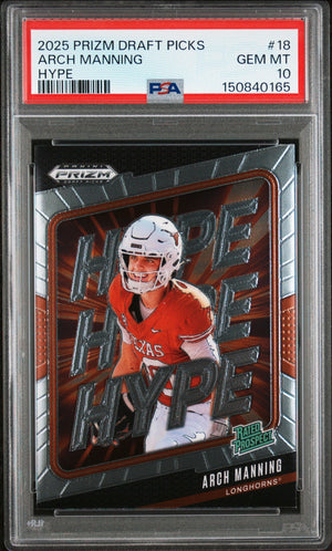 Graded 2025 Panini Prizm Draft Picks Arch Manning #18 Hype Rookie RC Football Card PSA 10 Gem Mint