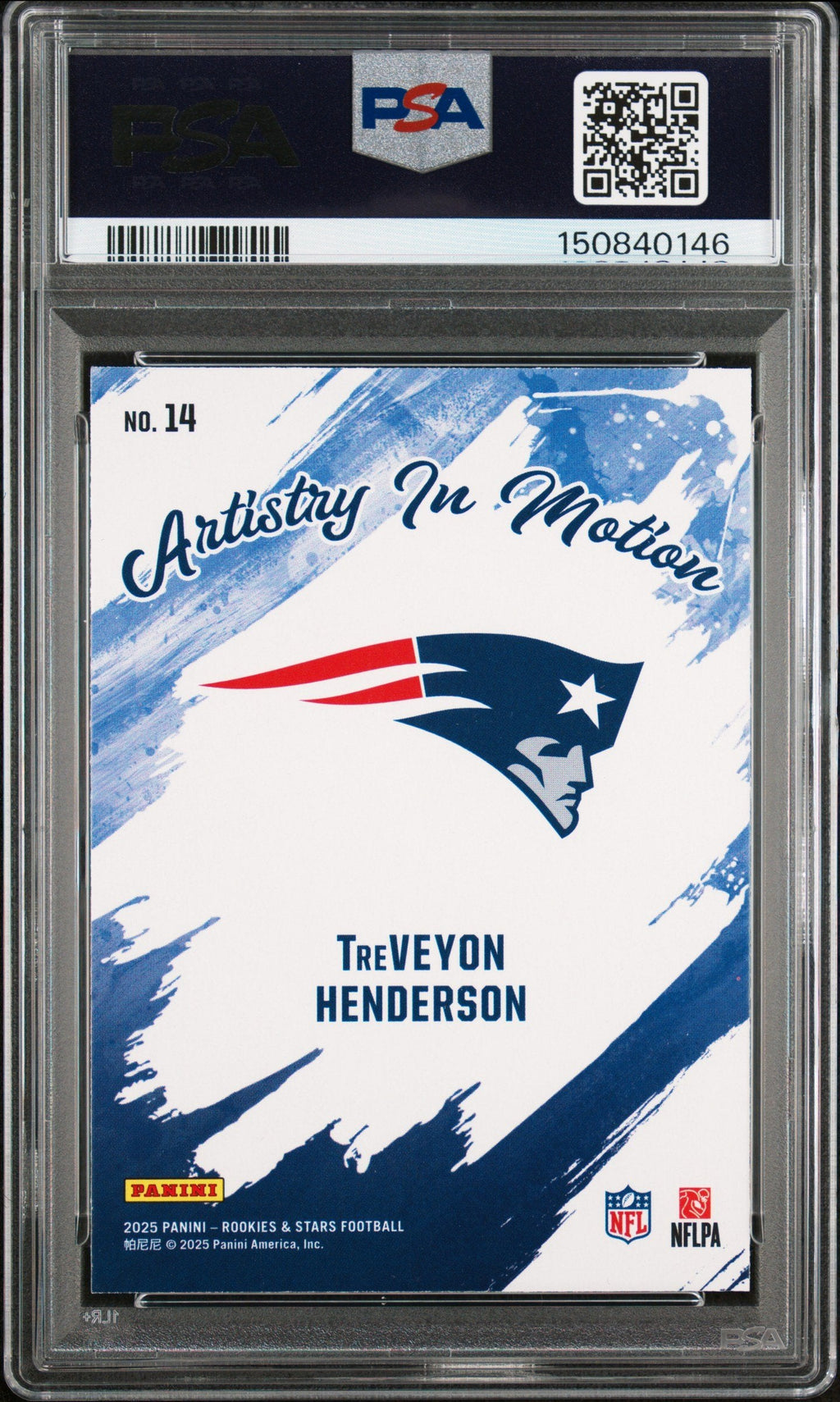 Graded 2025 Panini Rookies & Stars TreVeyon Henderson #14 Artistry in Motion Rookie RC Football Card PSA 8 Near Mint