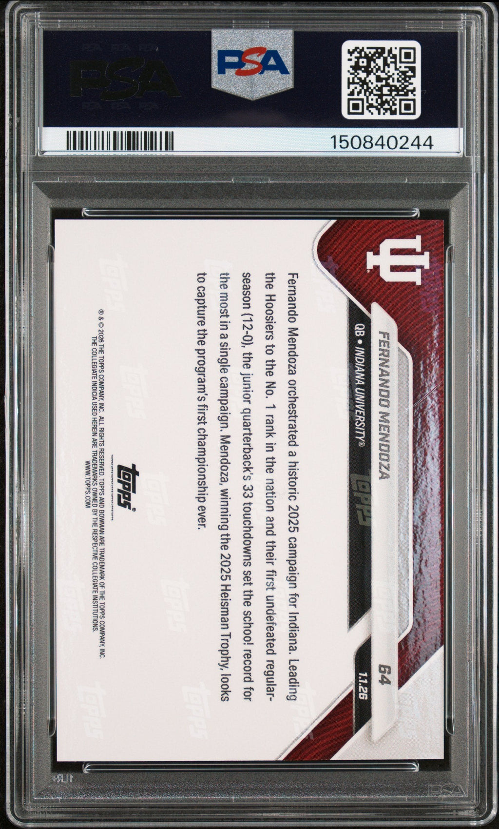 Graded 2025 Topps Bowman U Now Fernando Mendoza #64 Rookie RC Football Card PSA 8 Near Mint