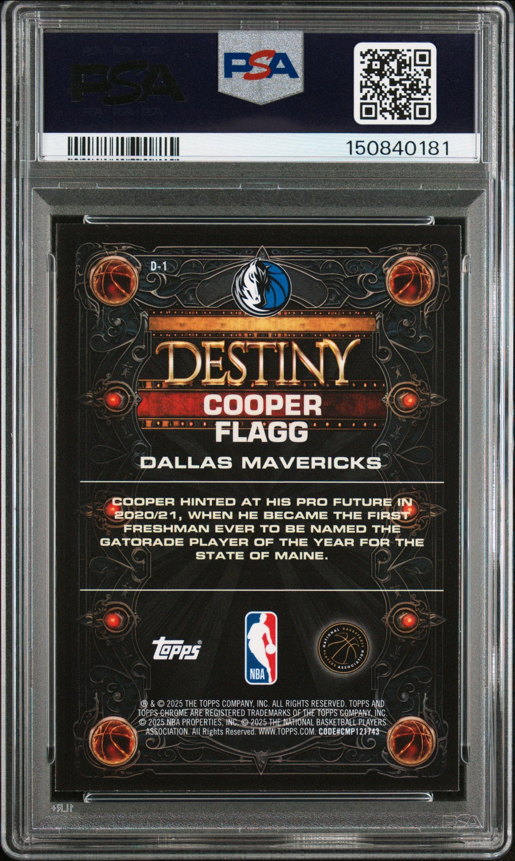 Graded 2025 Topps Chrome Cooper Flagg #D1 Destiny Rookie RC Basketball Card PSA 9 Mint