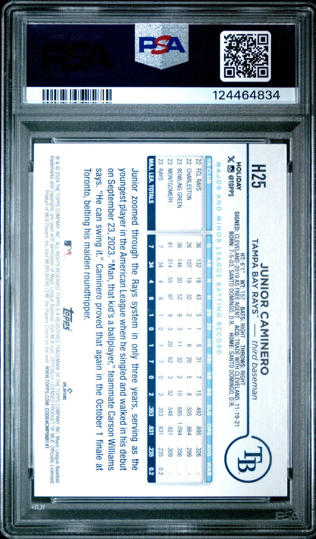Graded 2024 Topps Holiday Junior Caminero #H25 Rookie RC Baseball Card PSA 10 Gem Mint