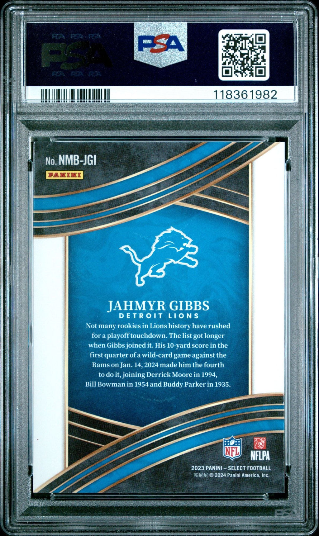 Graded 2023 Panini Select Jahmyr Gibbs #NMBJGI Numbers Rookie RC Football Card PSA 10 Gem Mint