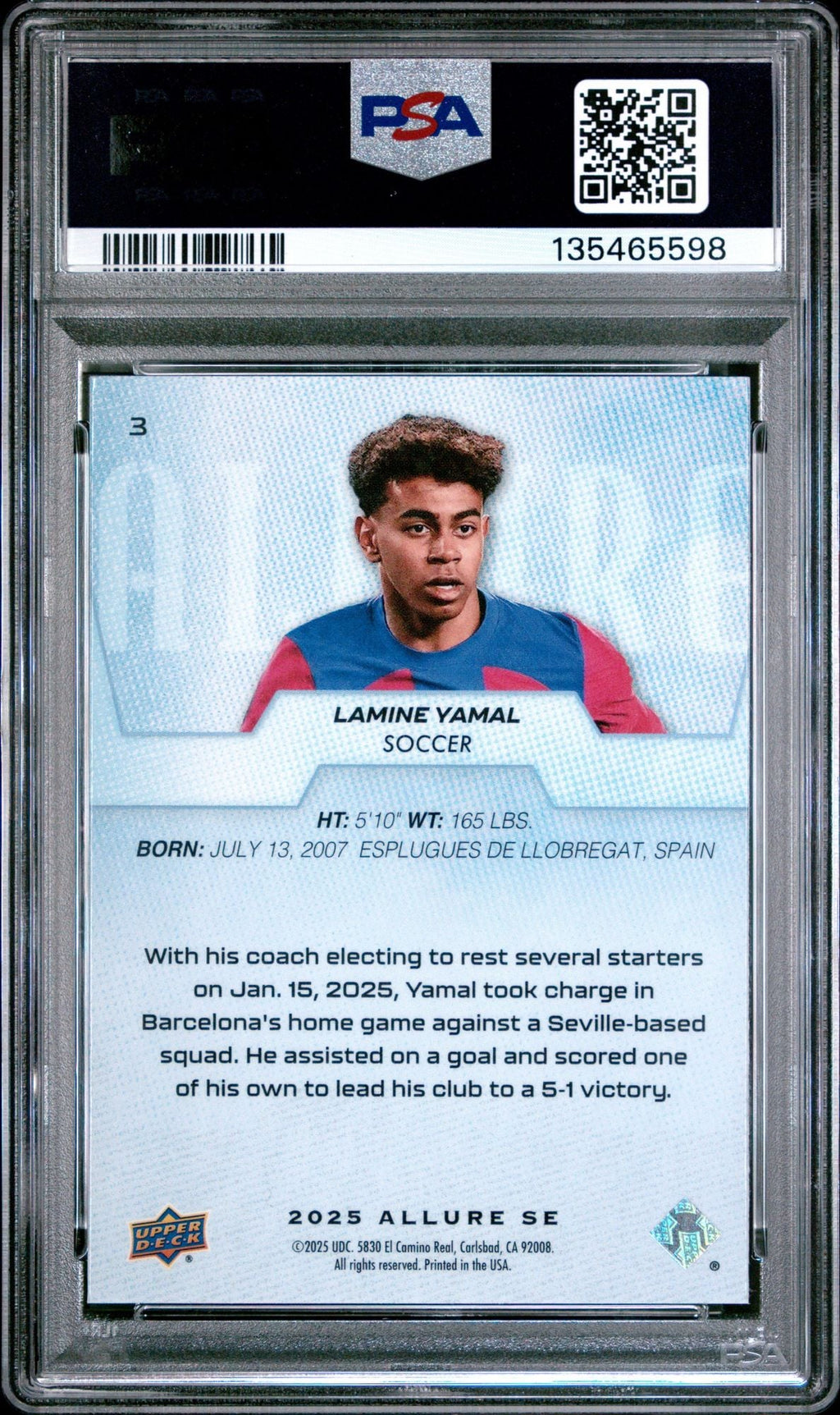 Graded 2025 Upper Deck UD Allure SE Lamine Yamal #3 Soccer Card PSA 10 Gem Mint