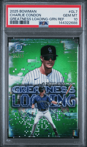 Graded 2025 Topps Bowman Charlie Condon #GL7 Greatness Loading Green Refractor /99 Rookie RC Baseball Card PSA 10 Gem Mint