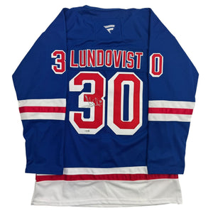 Autographed/Signed Henrik Lundqvist New York Blue Hockey Jersey JSA COA
