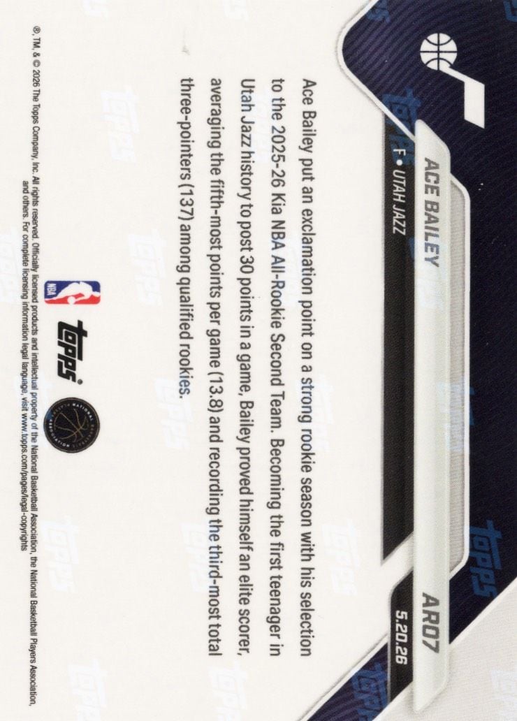 2025 Topps Now Ace Bailey #AR07 Orange Foil /25 2025-26 KIA NBA All Rookie Second Team Selection Utah Jazz Rookie RC Basketball Card