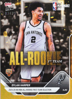 2025 Topps Now Dylan Harper #AR04 Orange Foil /25 2025-26 KIA NBA All Rookie First Team Selection San Antonio Spurs Rookie RC Basketball Card