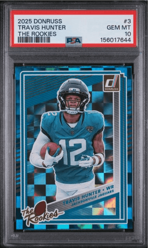 Graded 2025 Panini Donruss Travis Hunter #3 The Rookies Rookie RC Football Card PSA 10 Gem Mint