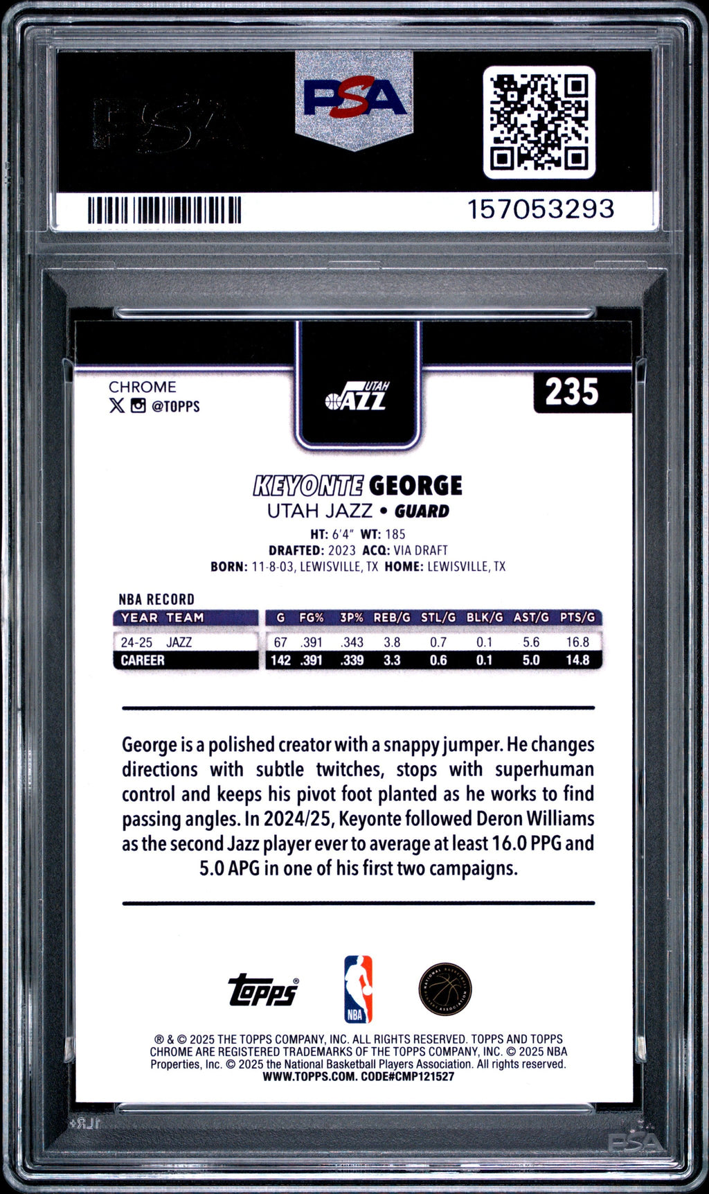 Graded 2025 Topps Chrome Keyonte George #235 Purple Pulsar /75 Basketball Card PSA 8 Near Mint