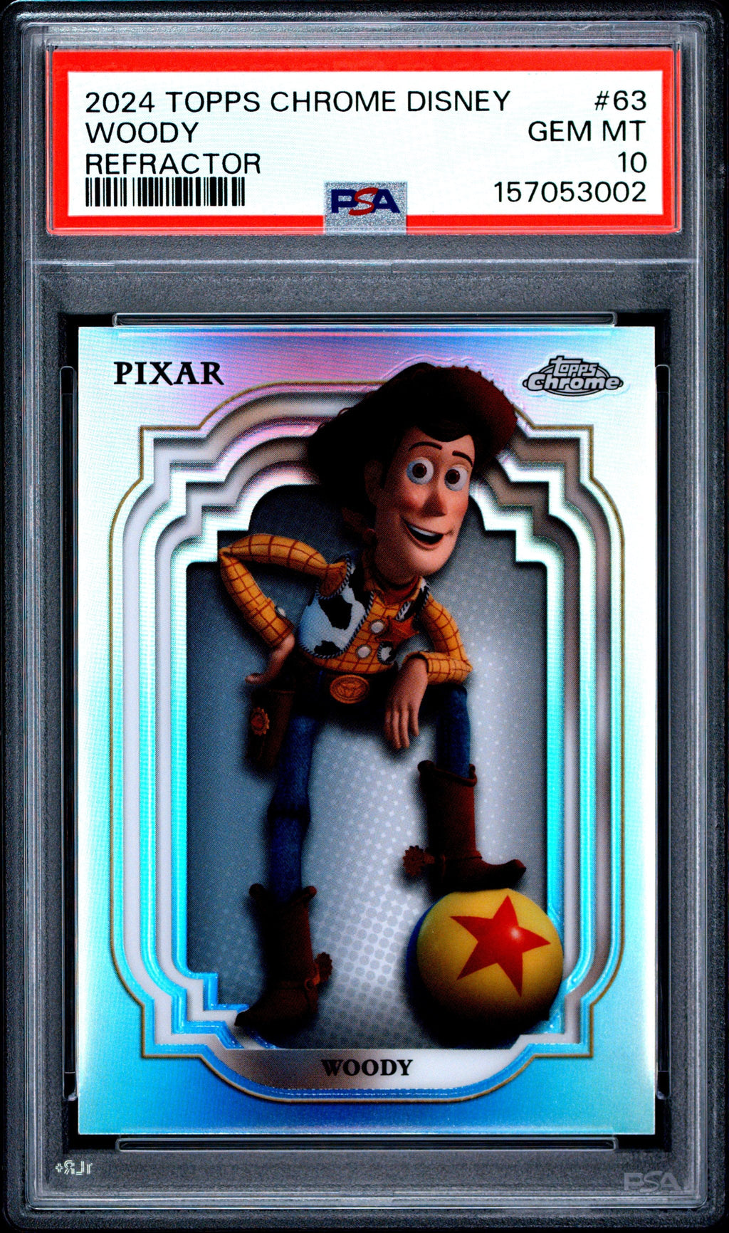 Graded 2024 Topps Chrome Disney Woody #63 Refractor Toy Story Trading Card PSA 10 Gem Mint