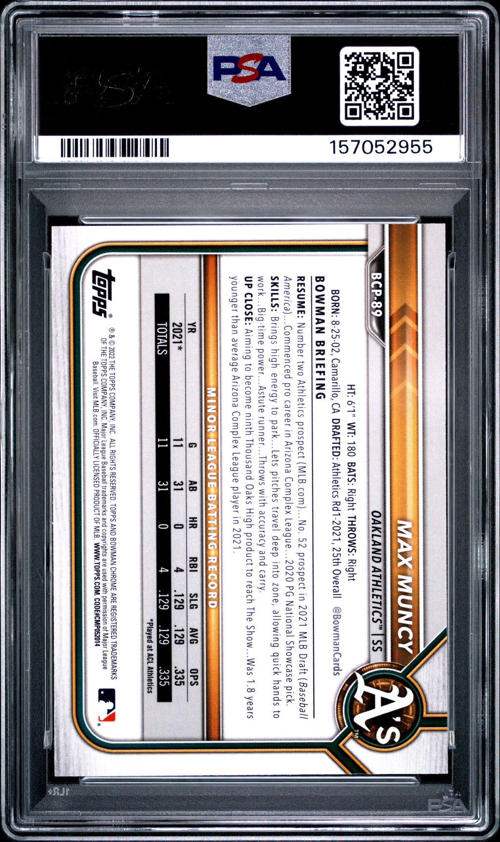 Graded 2022 Bowman Max Muncy #BCP-89 Mega Box Chrome Prospects Rookie RC Baseball Card PSA 10 Gem Mint