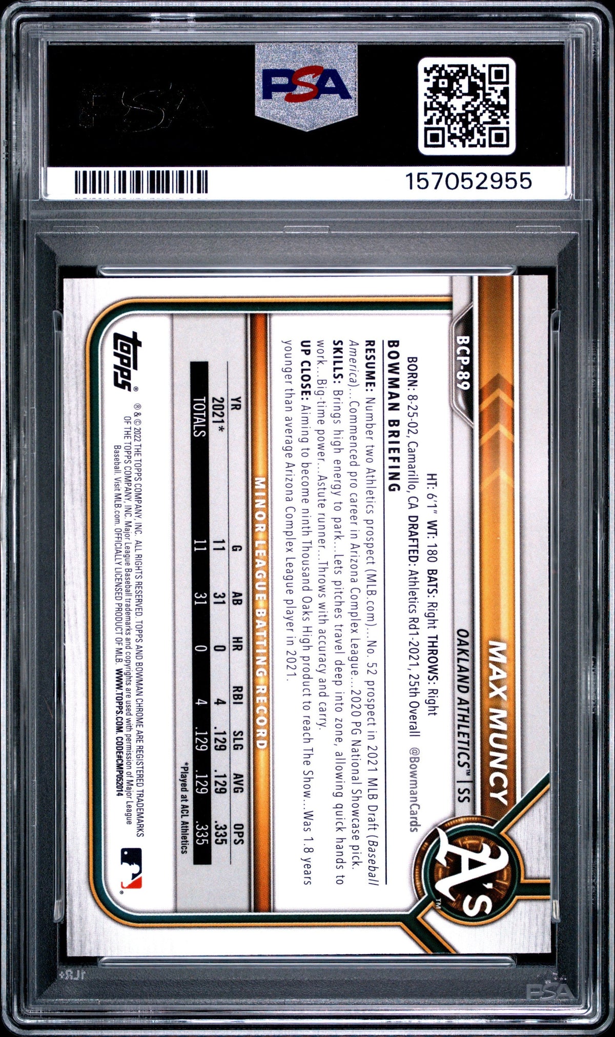 Graded 2022 Bowman Max Muncy #BCP-89 Mega Box Chrome Prospects Rookie RC Baseball Card PSA 10 Gem Mint