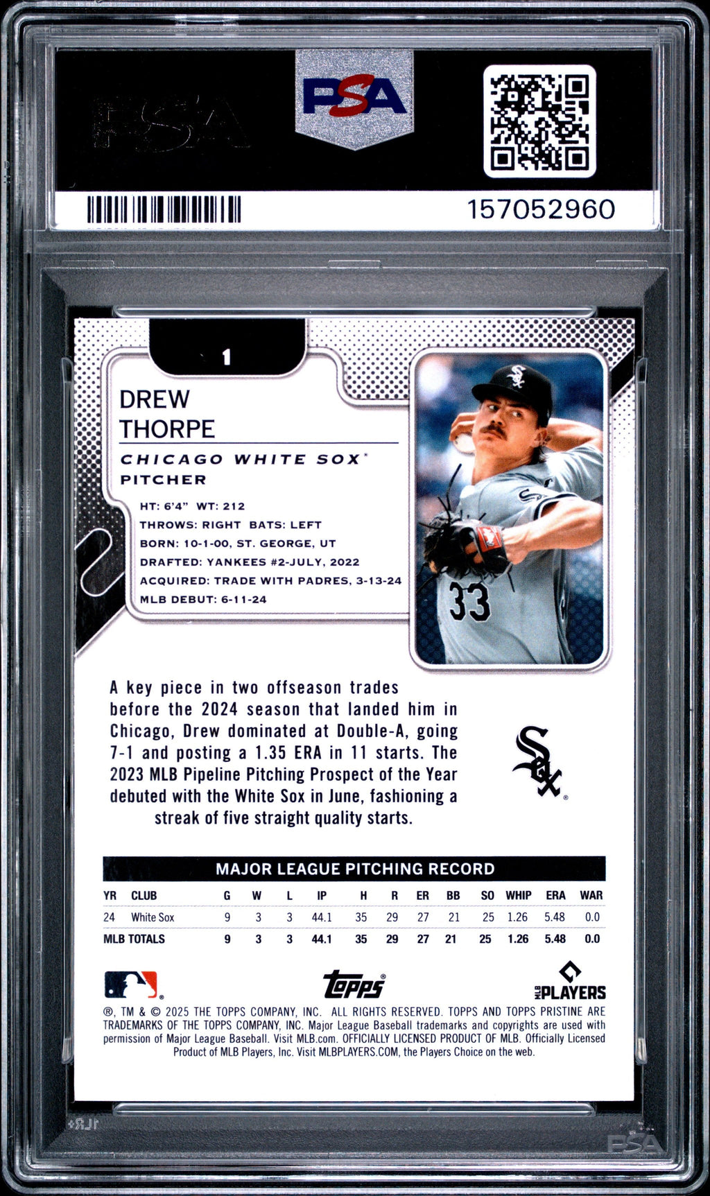 Graded 2025 Topps Pristine Drew Thorpe #1 Aqua Refractor /199 Rookie RC Baseball Card PSA 9 Mint