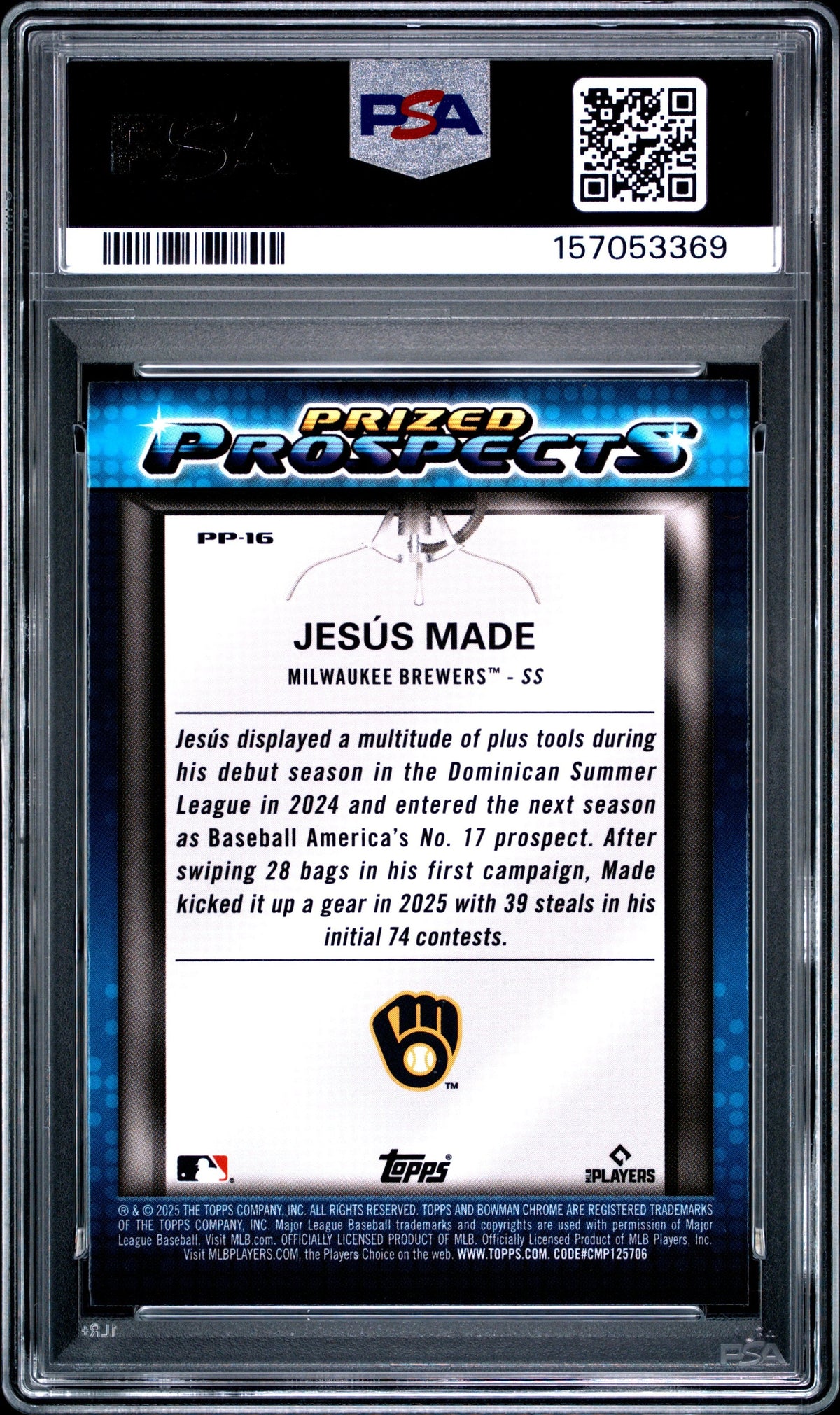 Graded 2025 Topps Bowman Draft Jesus Made #PP16 Prized Prospects Rookie RC Baseball Card PSA 10 Gem Mint