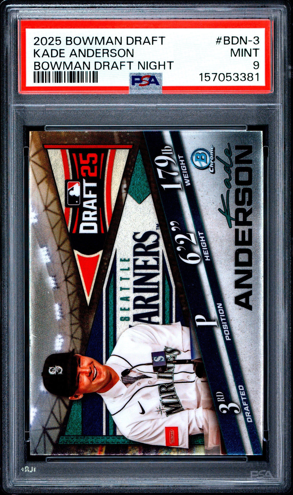 Graded 2025 Topps Bowman Draft Kade Anderson #BDN3 Draft Night Rookie RC Baseball Card PSA 9 Mint