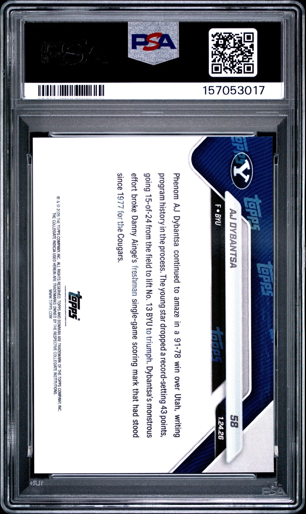 Graded 2025 Topps Bowman U Now AJ Dybantsa #58 Rookie RC Basketball Card PSA 9 Mint