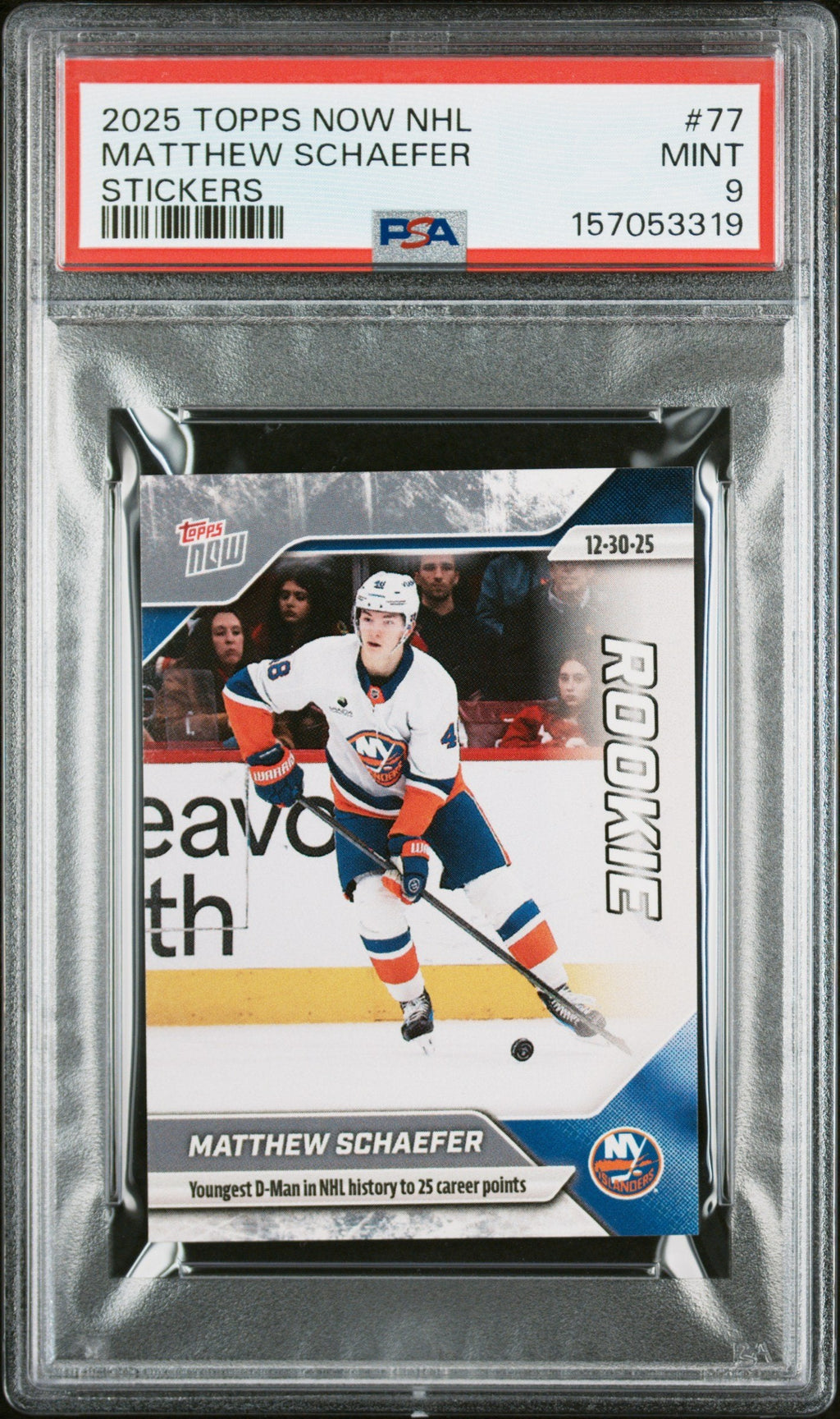 Graded 2025 Topps Now Matthew Schaefer #77 Rookie RC Hockey Card PSA 9 Mint
