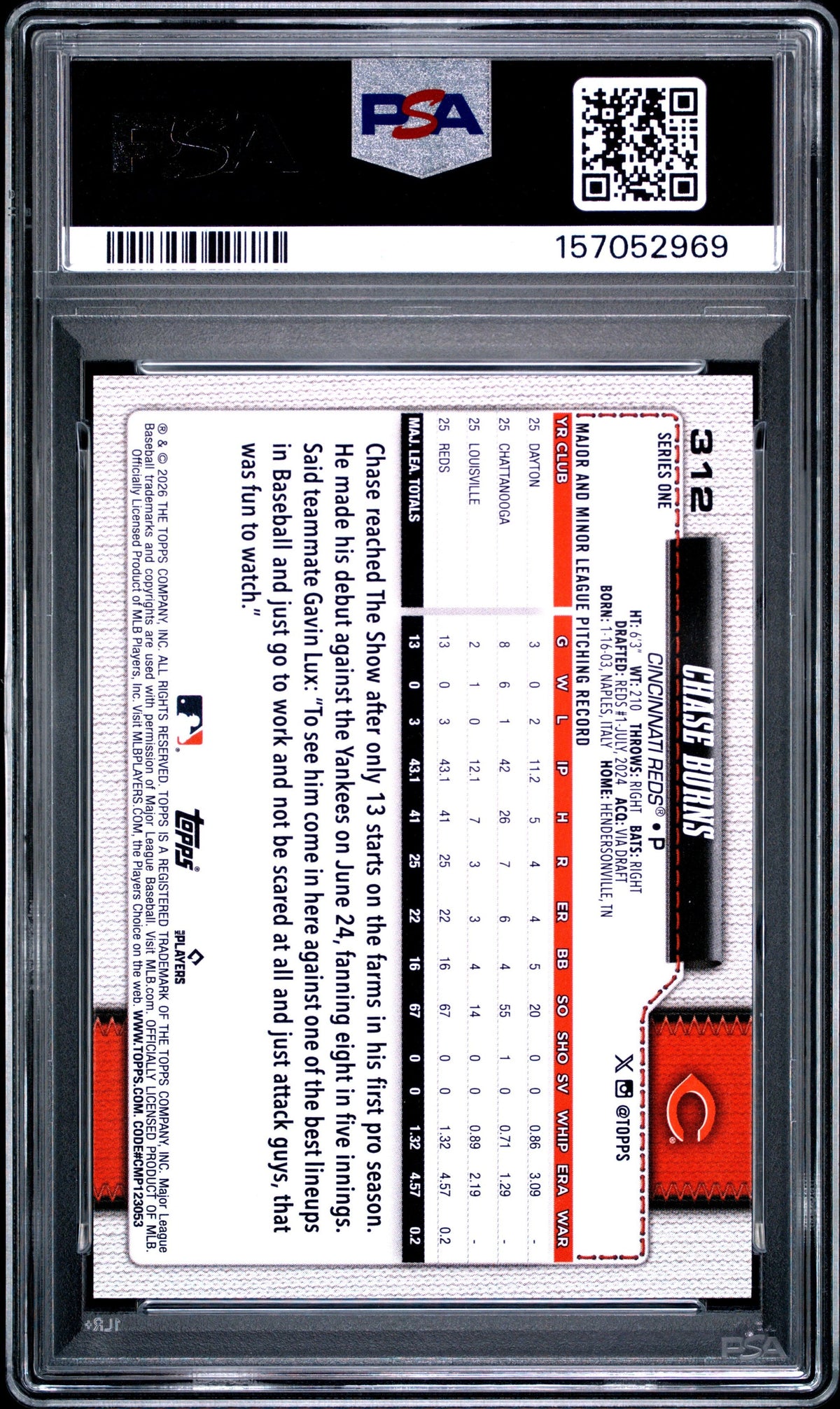 Graded 2026 Topps Chase Burns #312 Rookie RC Baseball Card PSA 10 Gem Mint